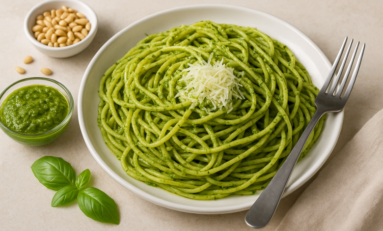 پاستا پستو در بشقاب همراه با چنپال و ریحان و سس